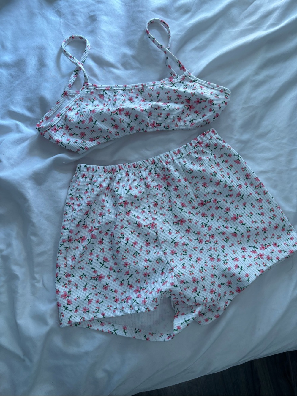Women's Floral Waffle Knit Bralette & Short Set - Pink Floral